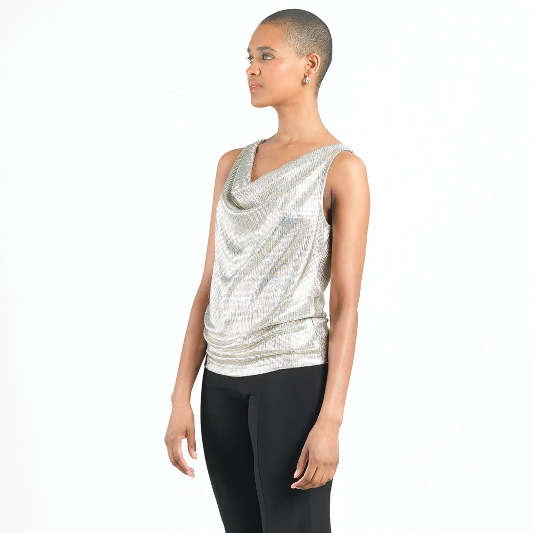 Shimmer Foil Lamé - Cowl Neck Draped Tank - Champagne - Final Sale!