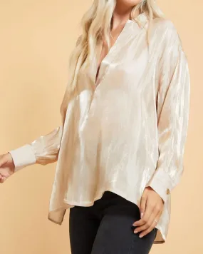 Split Neck Shimmer Blouse in Taupe Shimmer | Taupe Shimmer