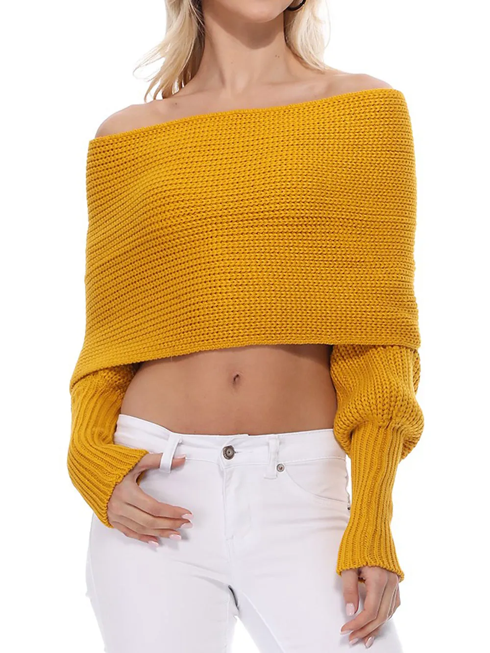 YEMAK Sexy Off The Shoulder Long Sleeve Wrap Sweater Shawl With Sleeve KC003