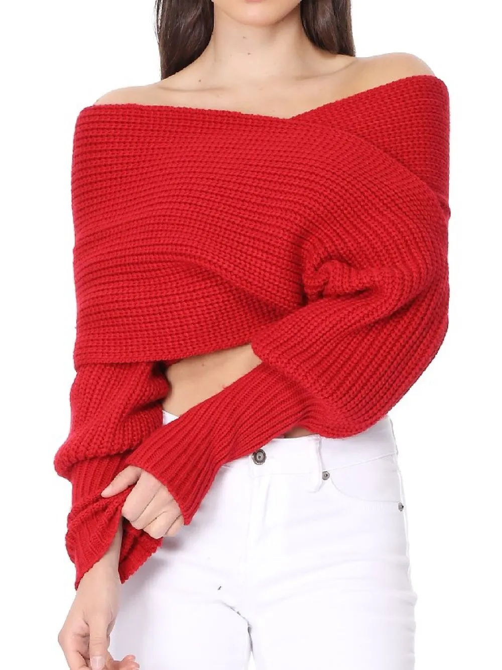 YEMAK Sexy Off The Shoulder Long Sleeve Wrap Sweater Shawl With Sleeve KC003