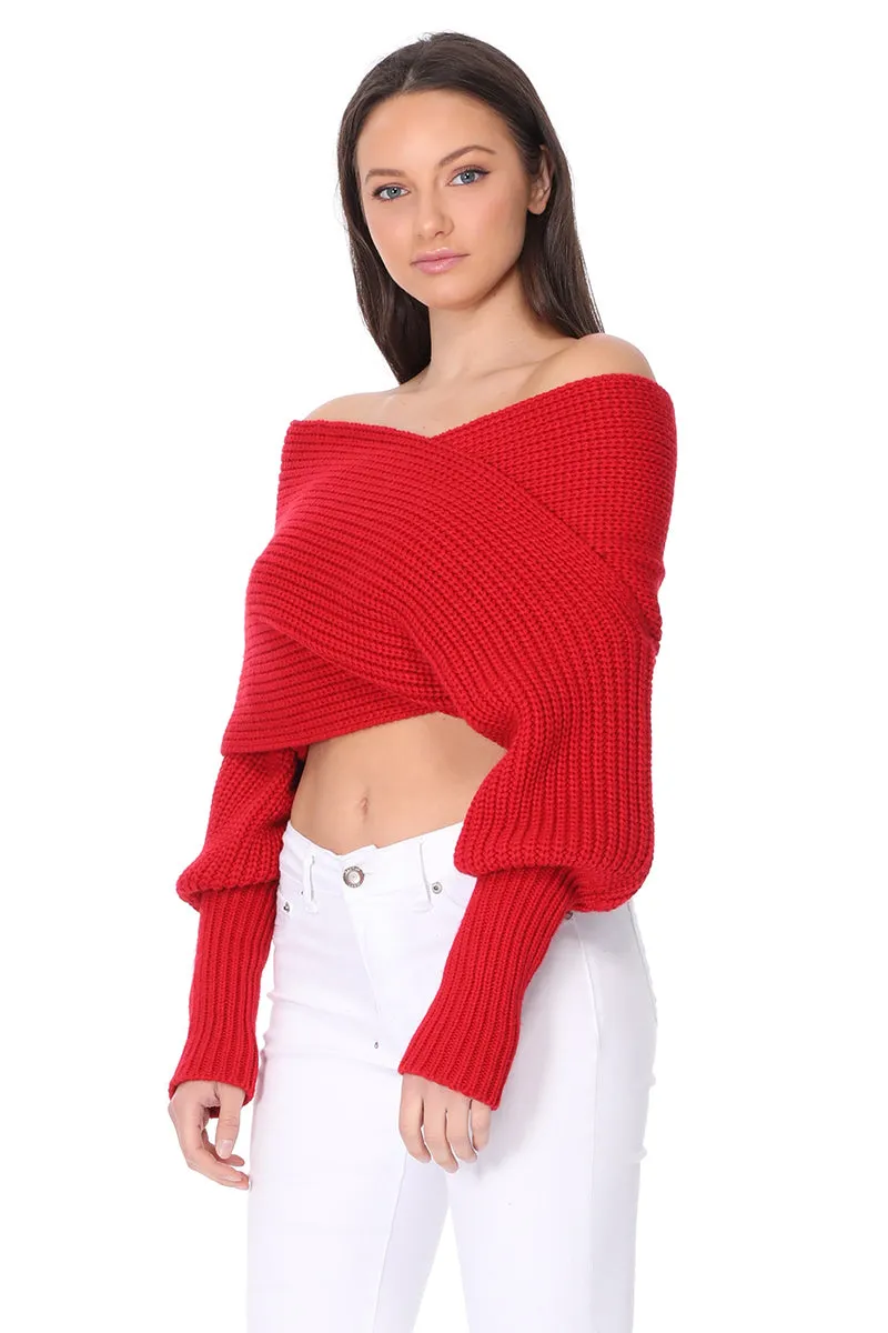 YEMAK Sexy Off The Shoulder Long Sleeve Wrap Sweater Shawl With Sleeve KC003