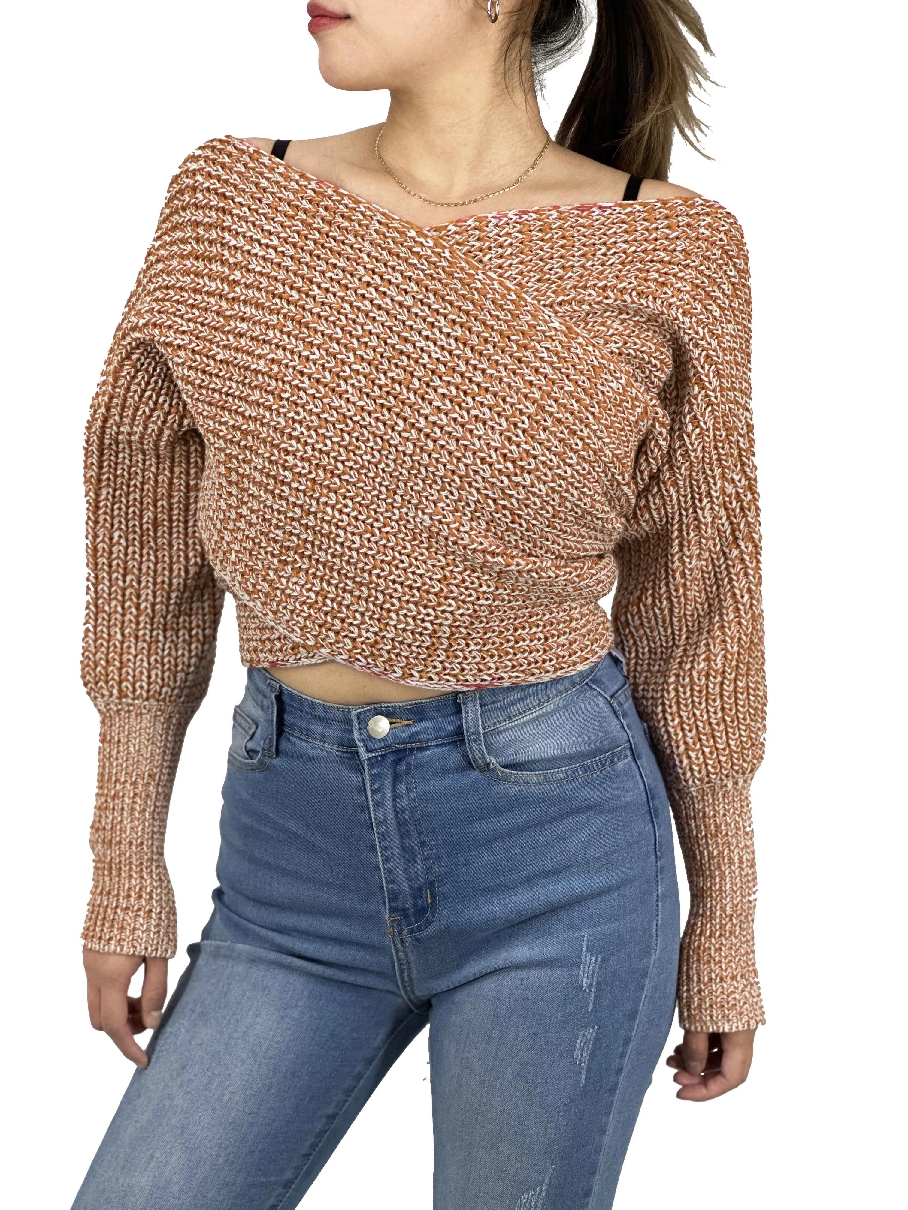 YEMAK Sexy Off The Shoulder Long Sleeve Wrap Sweater Shawl With Sleeve KC003