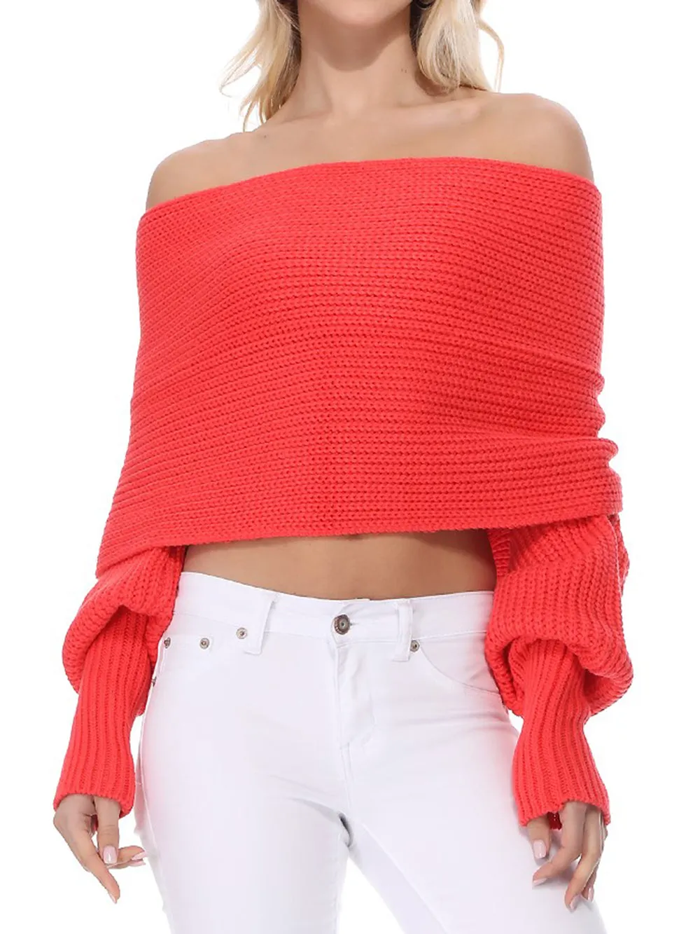 YEMAK Sexy Off The Shoulder Long Sleeve Wrap Sweater Shawl With Sleeve KC003