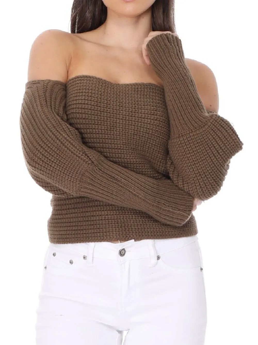 YEMAK Sexy Off The Shoulder Long Sleeve Wrap Sweater Shawl With Sleeve KC003