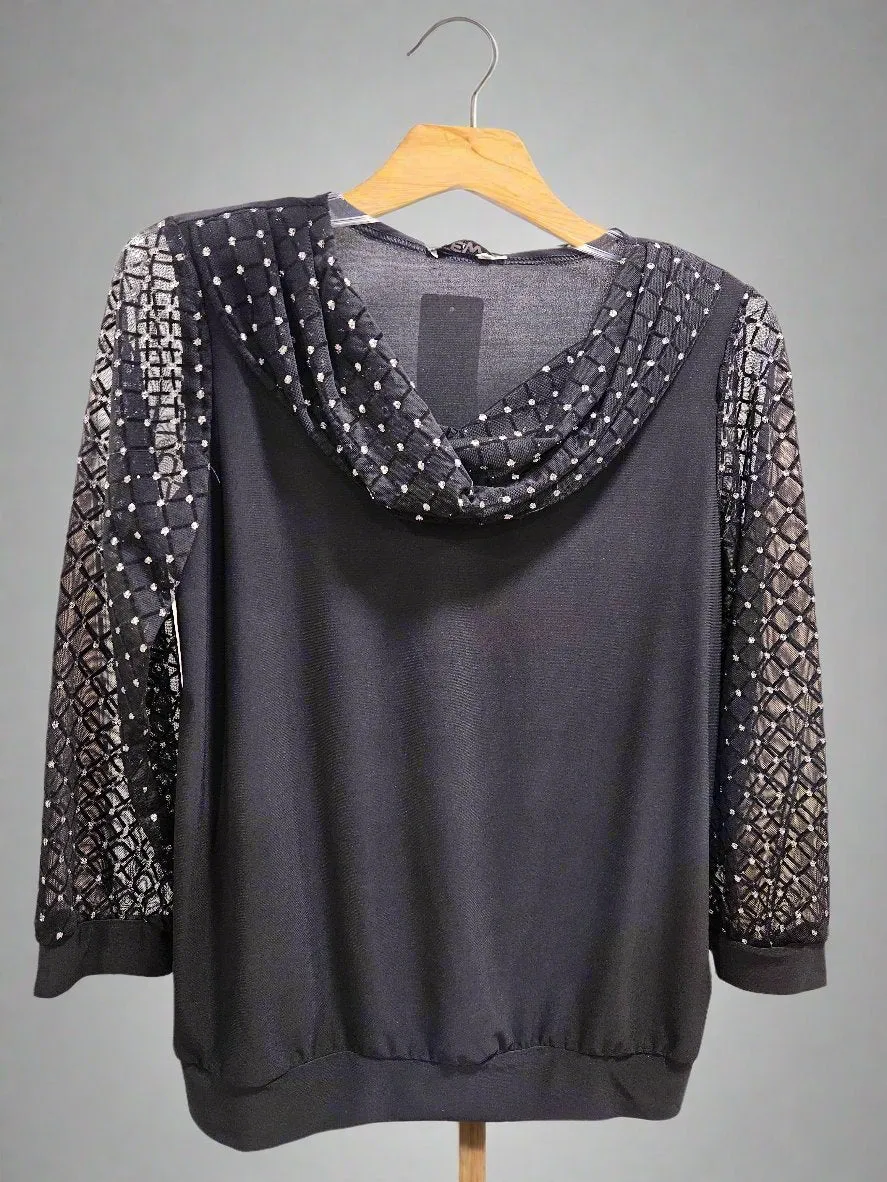 Yew Tracy Black Sparkle Cowl neck Top with Sheer sparkle sleeves 2647